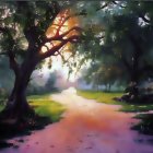 Whimsical landscape painting with glowing trees