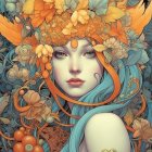 Digital artwork of woman embodying autumn with colorful leaves and vines.