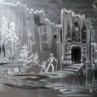 Monochromatic fantasy castle with towers and arches in misty landscape