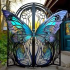 Colorful digital artwork of iridescent blue butterfly on swirling black gate in lush foliage