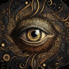 Detailed golden ornamental design with realistic eye on black background