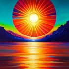 Colorful digital art: Sun setting between mountains over water bands