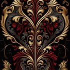 Symmetrical gold filigree with heart shapes and purple flowers on black background