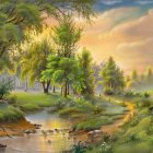 Tranquil landscape with serene lake, winding path, lush greenery, amber trees, and sunset