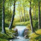 Tranquil forest stream with birch trees and moss-covered ground