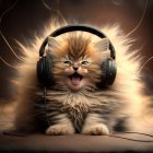 Fluffy Tabby Cat with Green Eyes and Headphones in Sparkling Setting