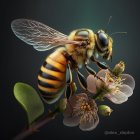 Detailed Close-Up Illustration: Bee on White Flowers with Translucent Wings and Nectar Drops