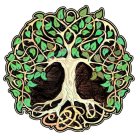 Circular tree artwork with Celtic knot roots and green leaves on white background