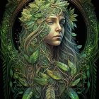 Regal woman with golden crown in lush green setting
