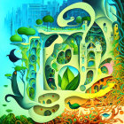 Vibrant surreal artwork: whimsical buildings, circular windows, organic shapes, lush greenery,