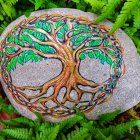 Circular Tree of Life Artwork with Celtic Patterns on Leafy Background