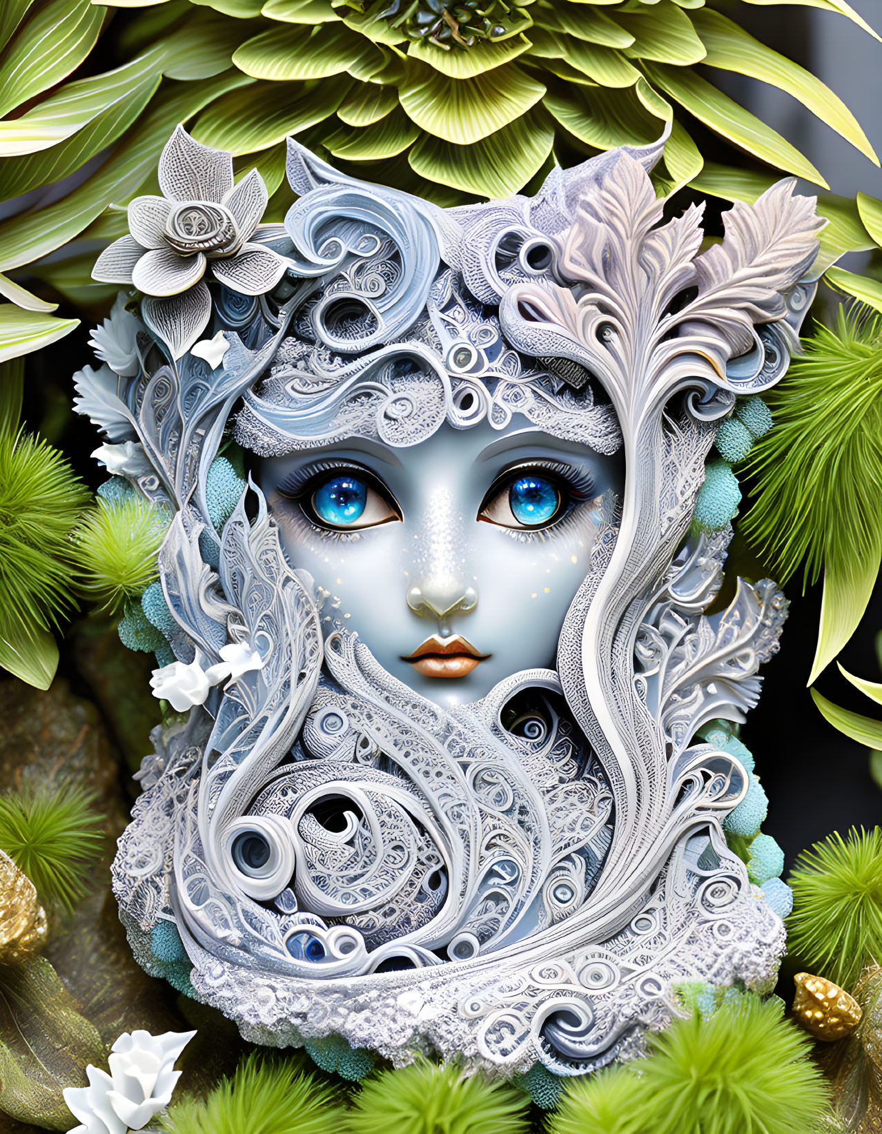 Intricate Stylized Female Face Artwork with Botanical Motifs