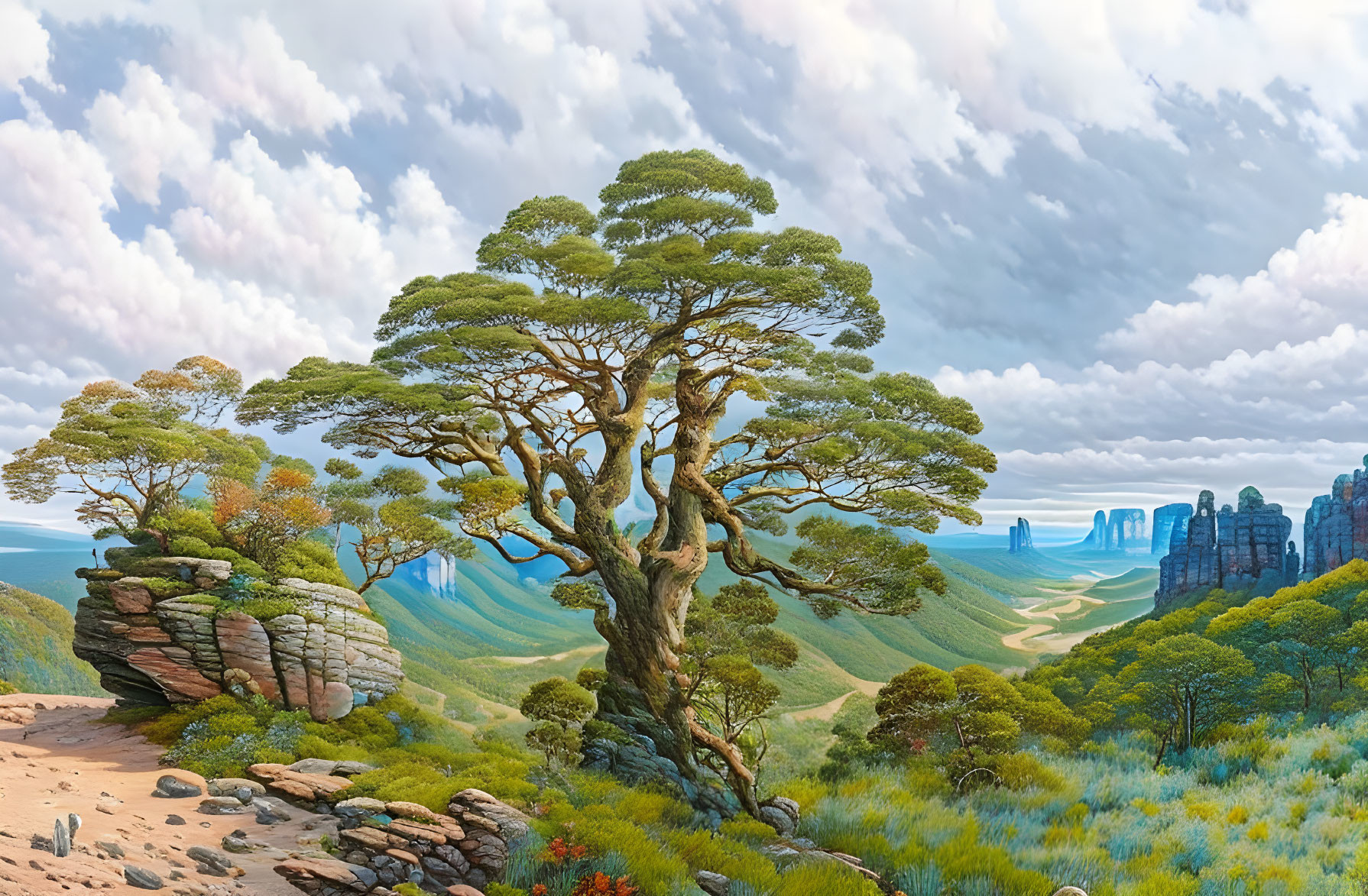 Majestic tree on rocky outcrop overlooking valley with dramatic cliffs under cloudy sky