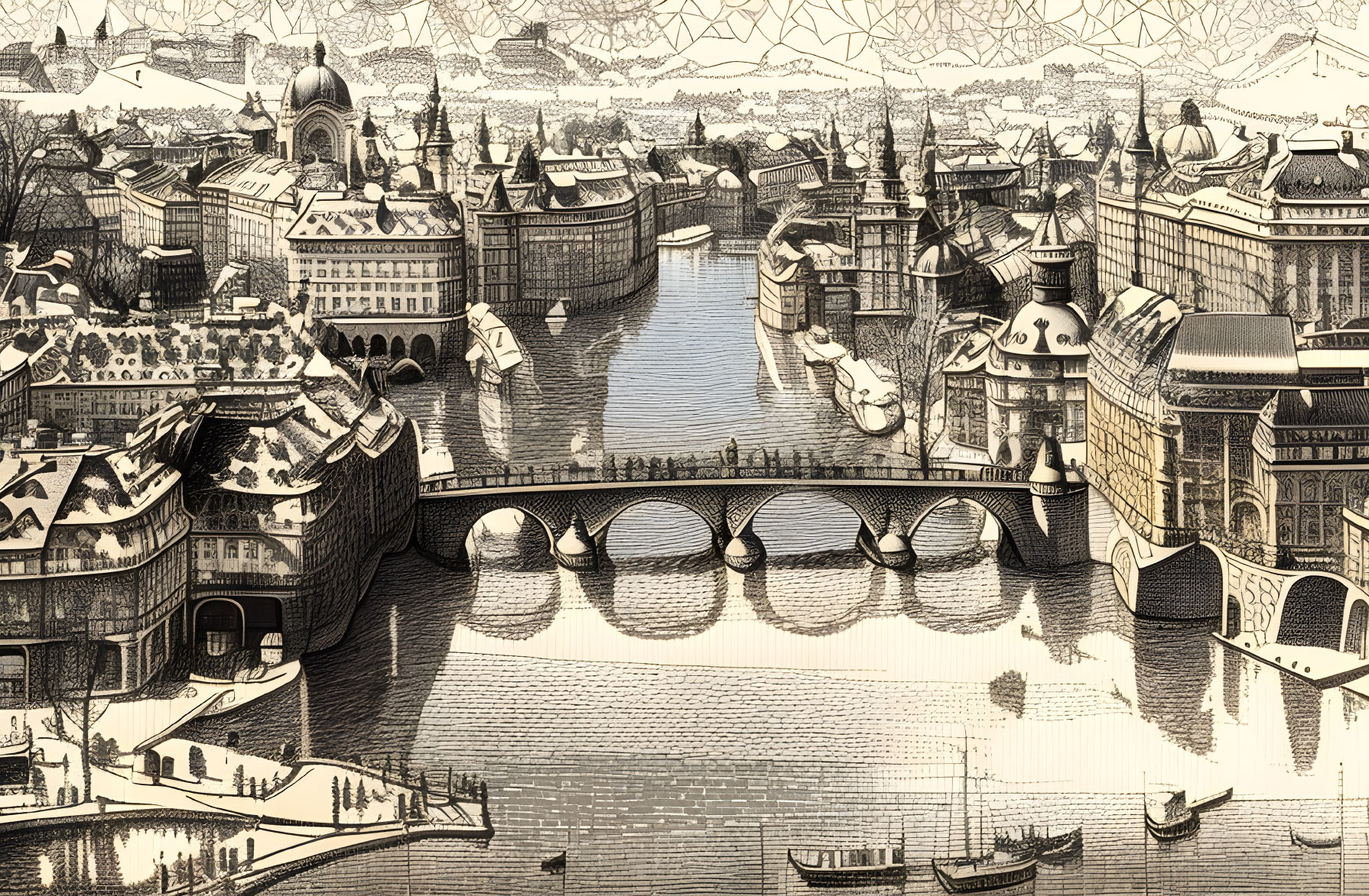 Detailed Monochromatic Historical Cityscape Illustration with Bridges, Buildings, and Boats