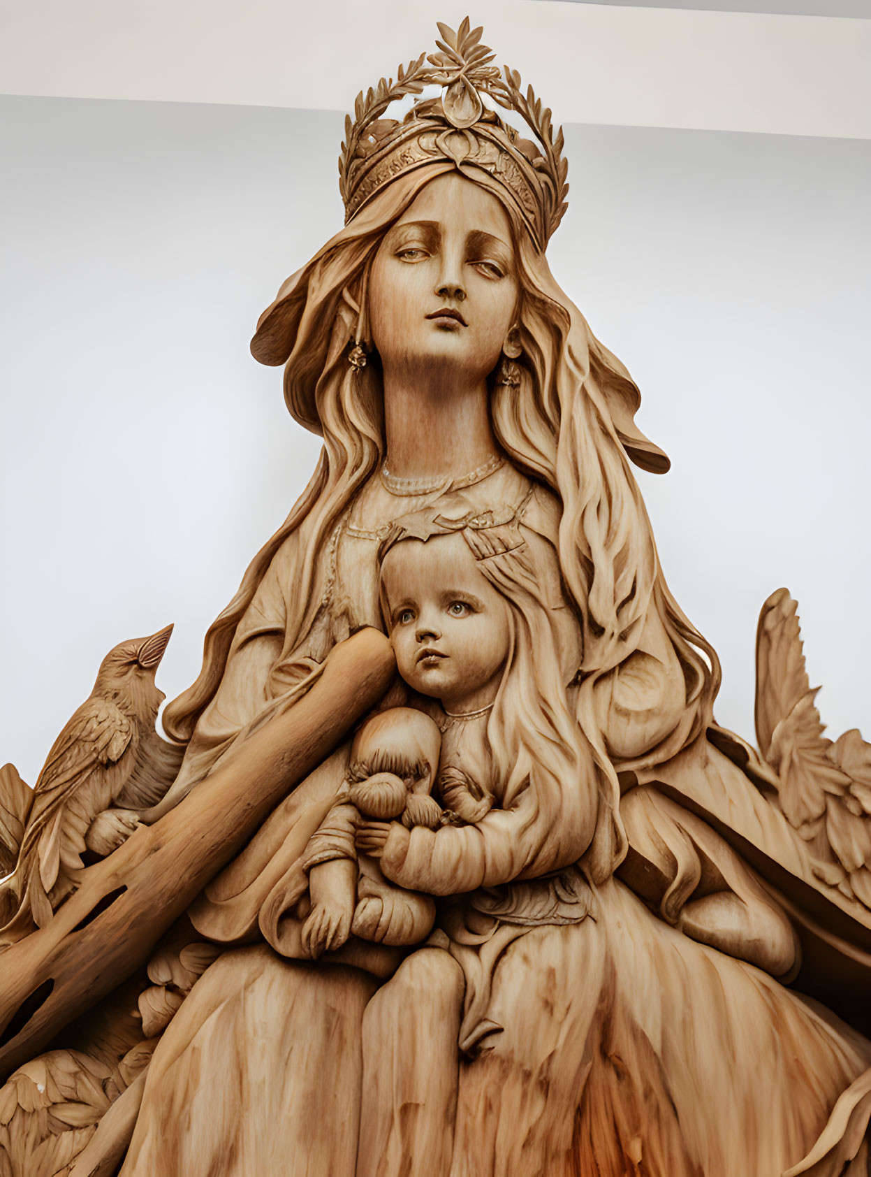 Wooden Sculpture of Crowned Woman with Child and Birds/Branches