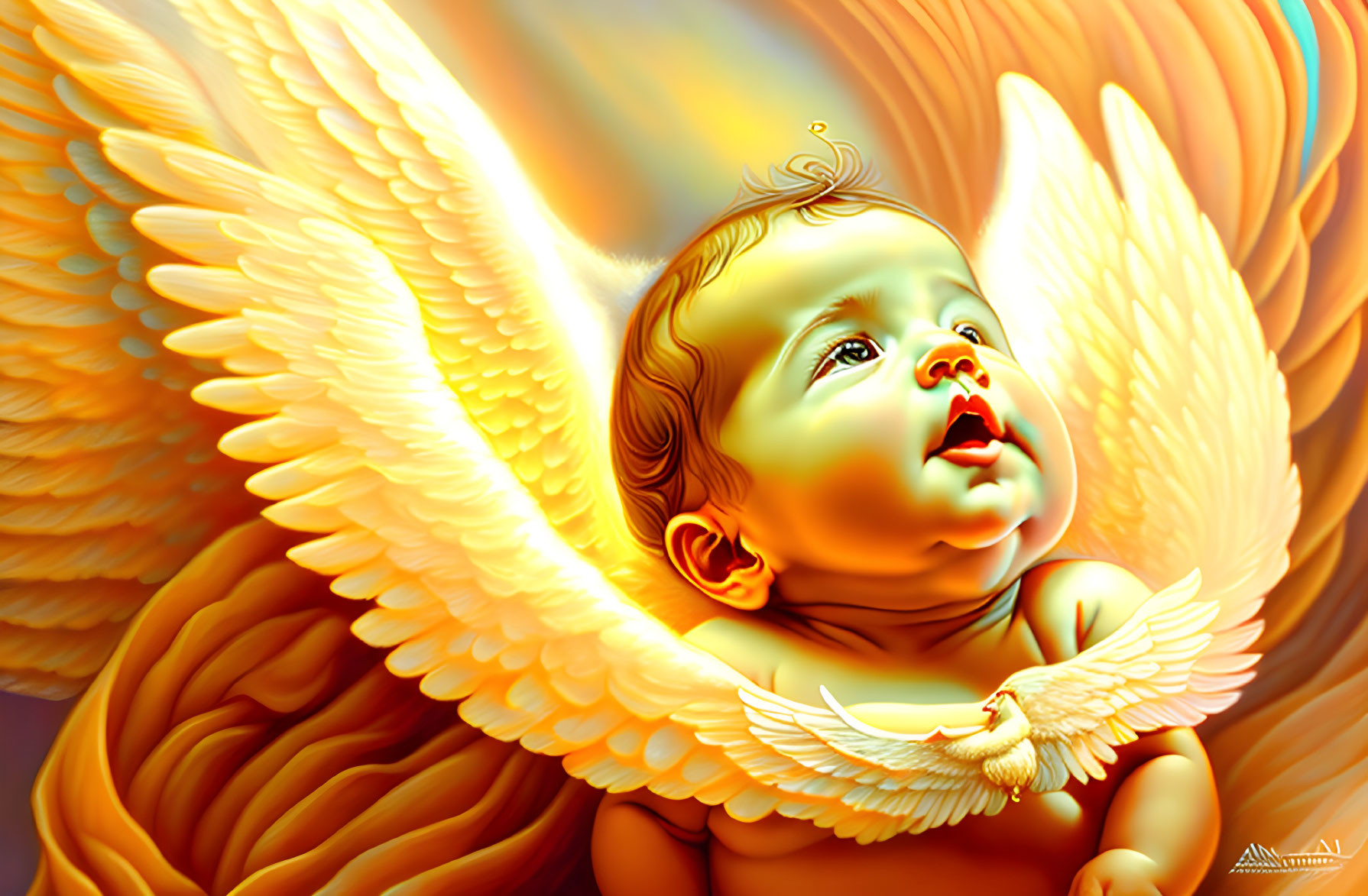 Illustration of baby with angel wings in warm, golden light