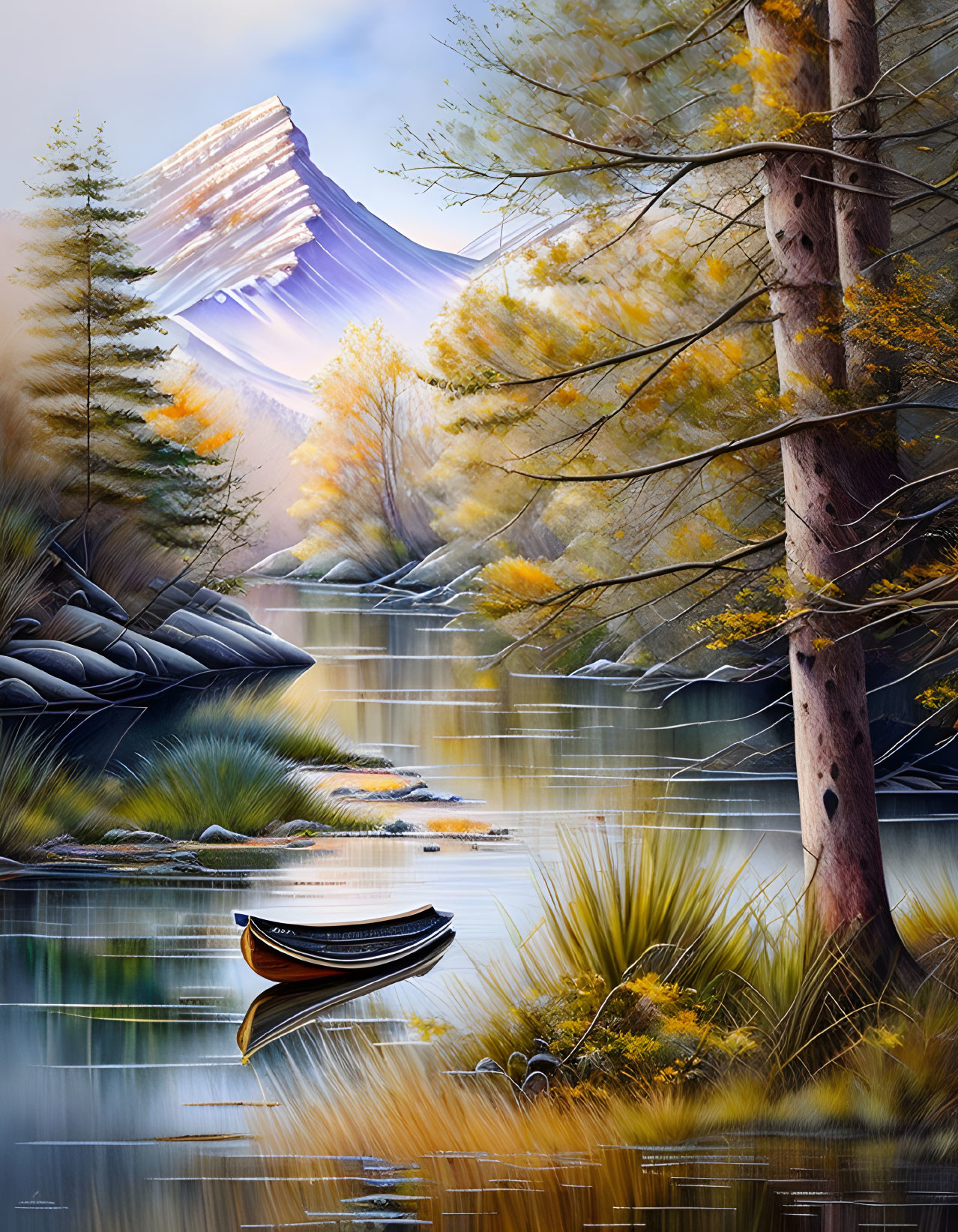 Tranquil autumn river scene with canoe, colorful trees, and mountain