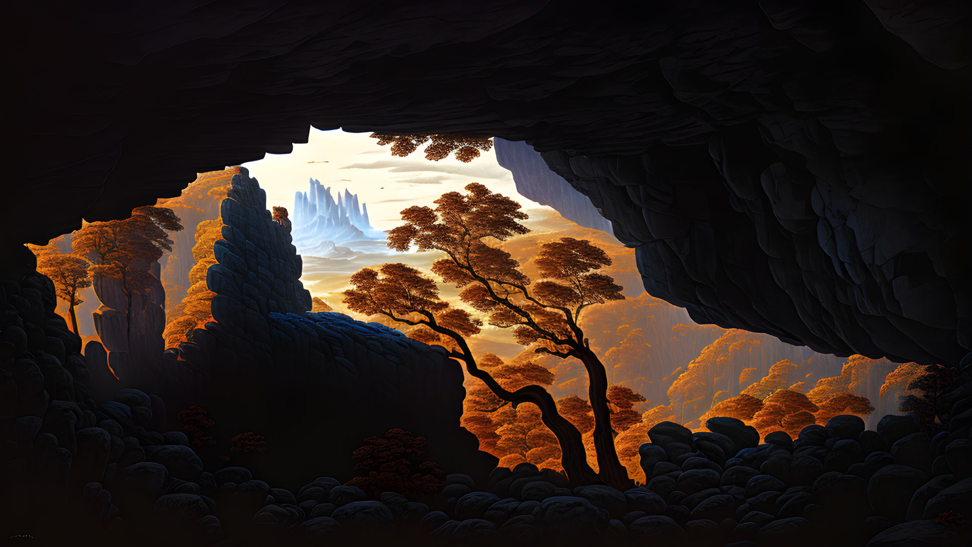 Dark cave view onto forest with red foliage at sunrise or sunset