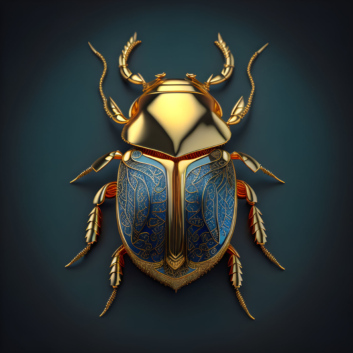 Intricate golden beetle with blue patterns on dark background