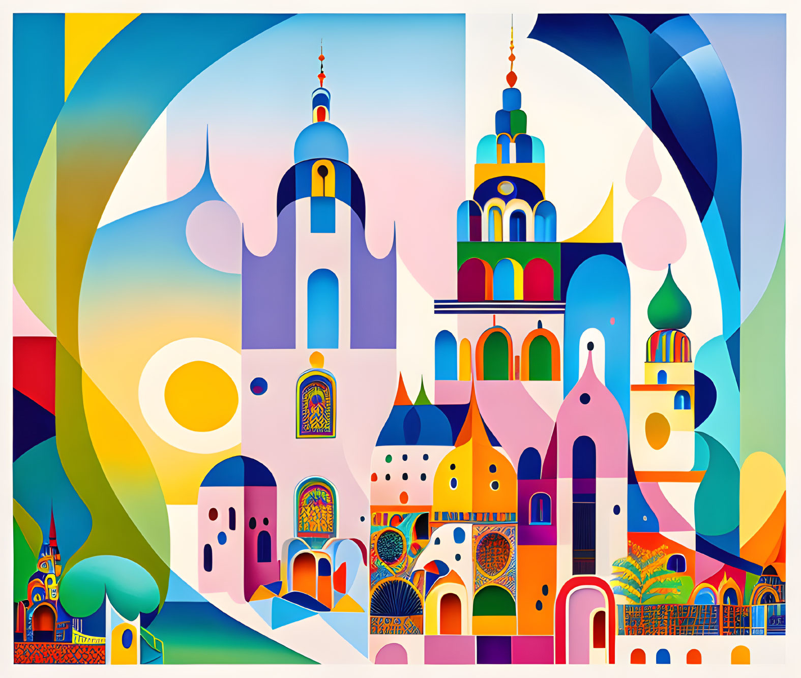 Colorful Abstract Illustration of Stylized Buildings and Swirling Background