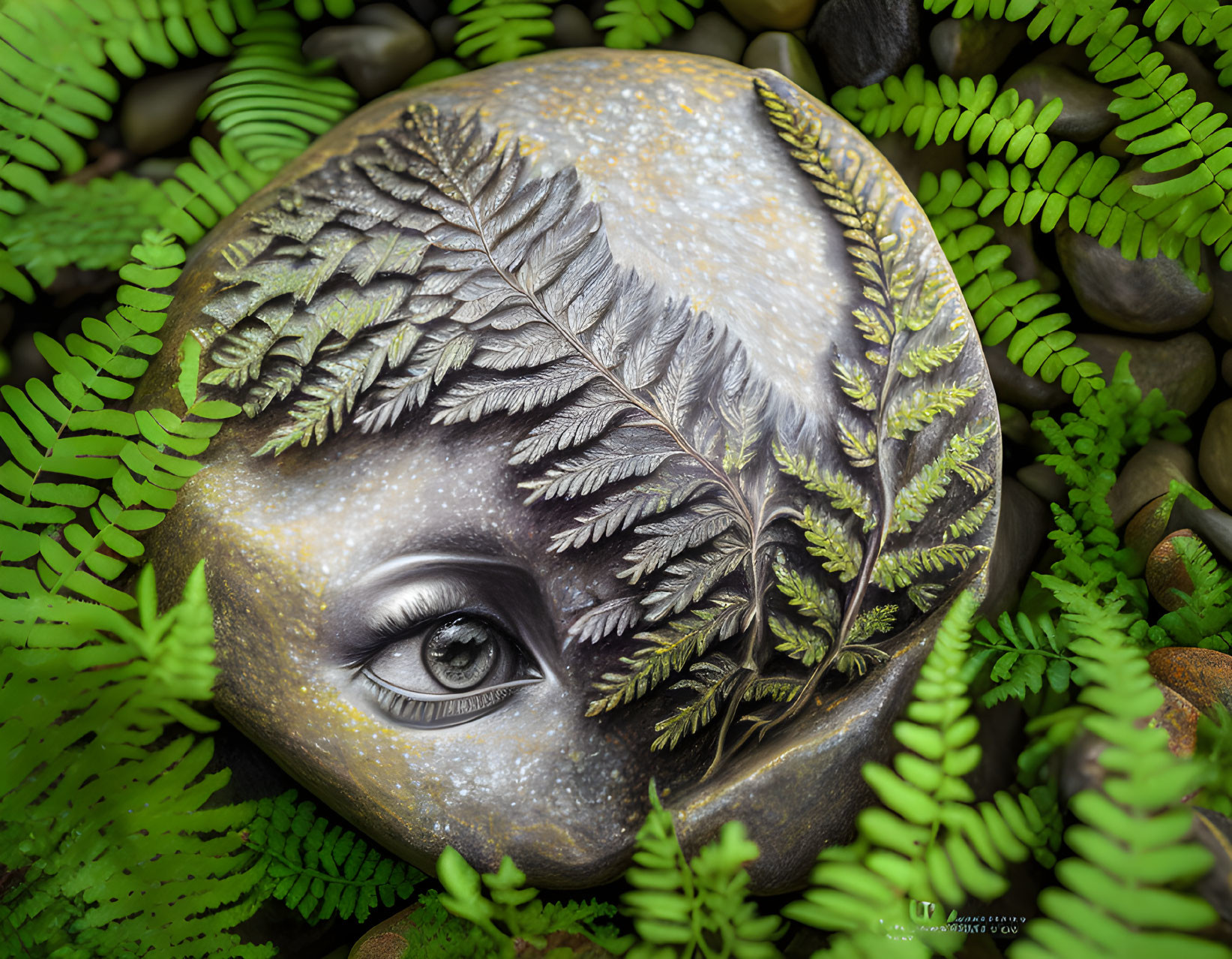 Stone with face-like painting and leaf design among ferns and pebbles