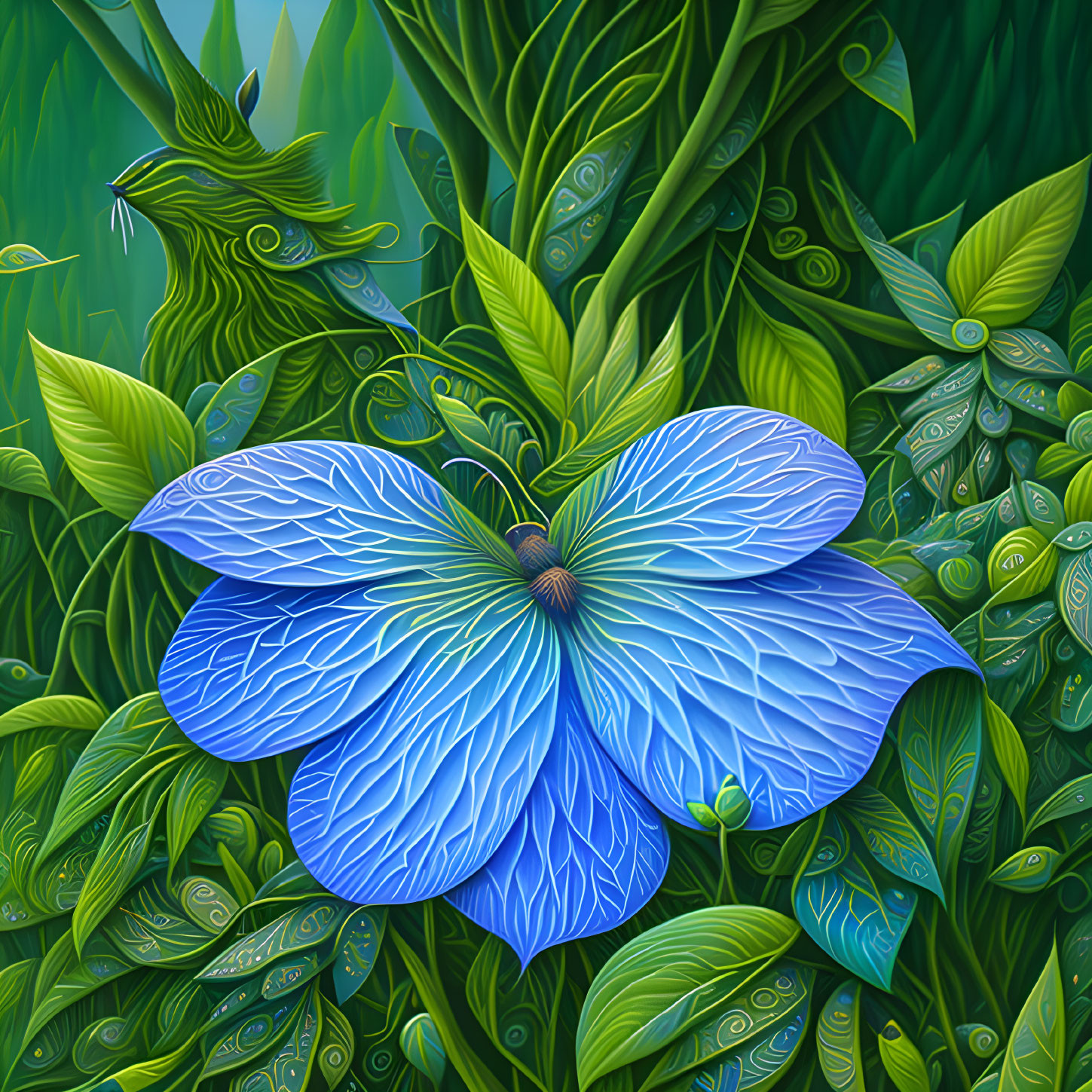 Colorful digital artwork: Large blue butterfly with leaf-patterned wings on lush green background