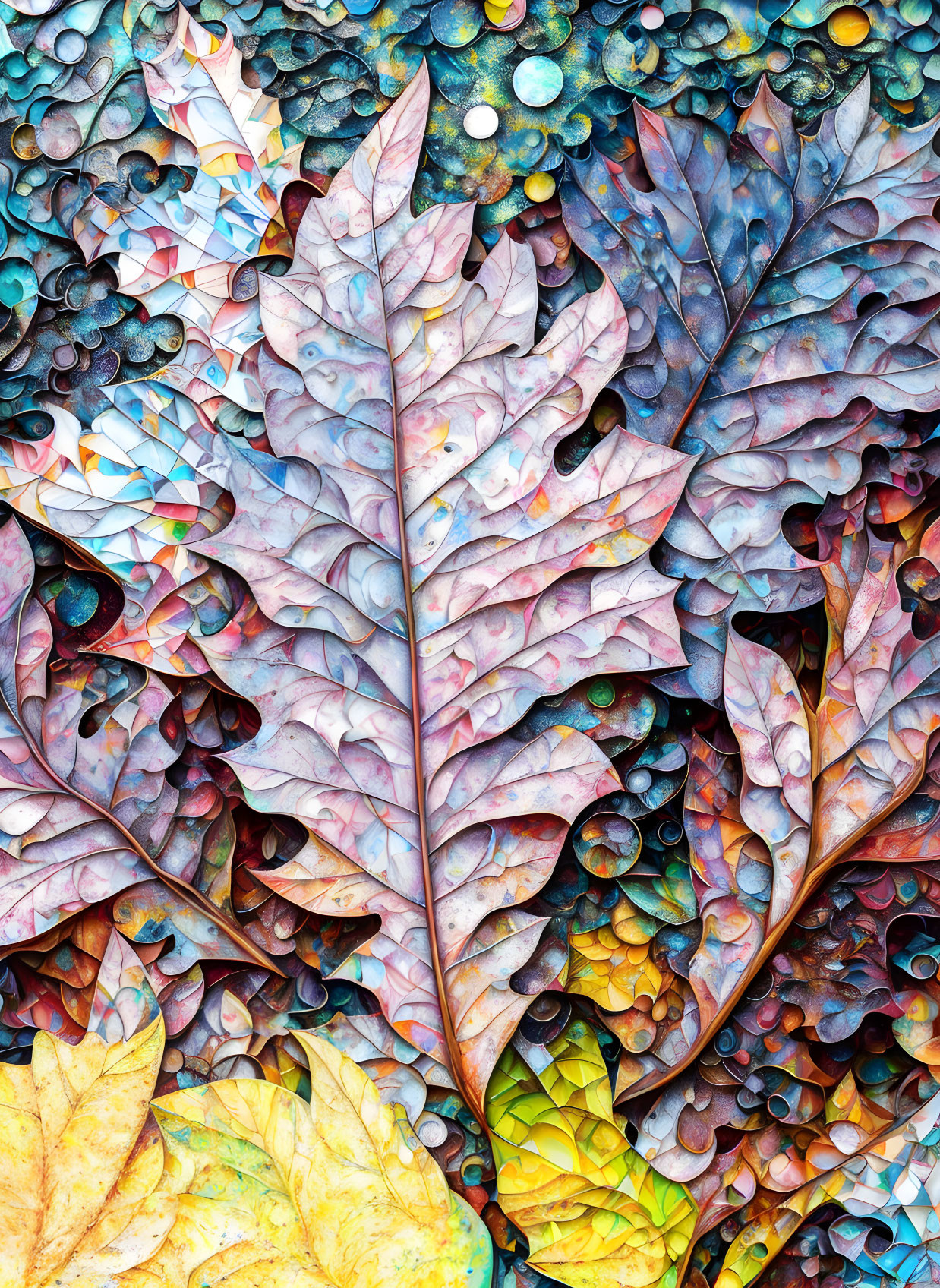 Colorful Leaf Mosaic Artwork with Bubble Motifs