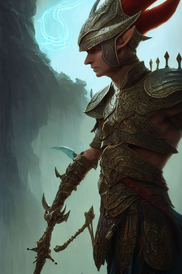 Fantasy warrior in horned helmet and ornate armor with spear against misty mountainous backdrop.