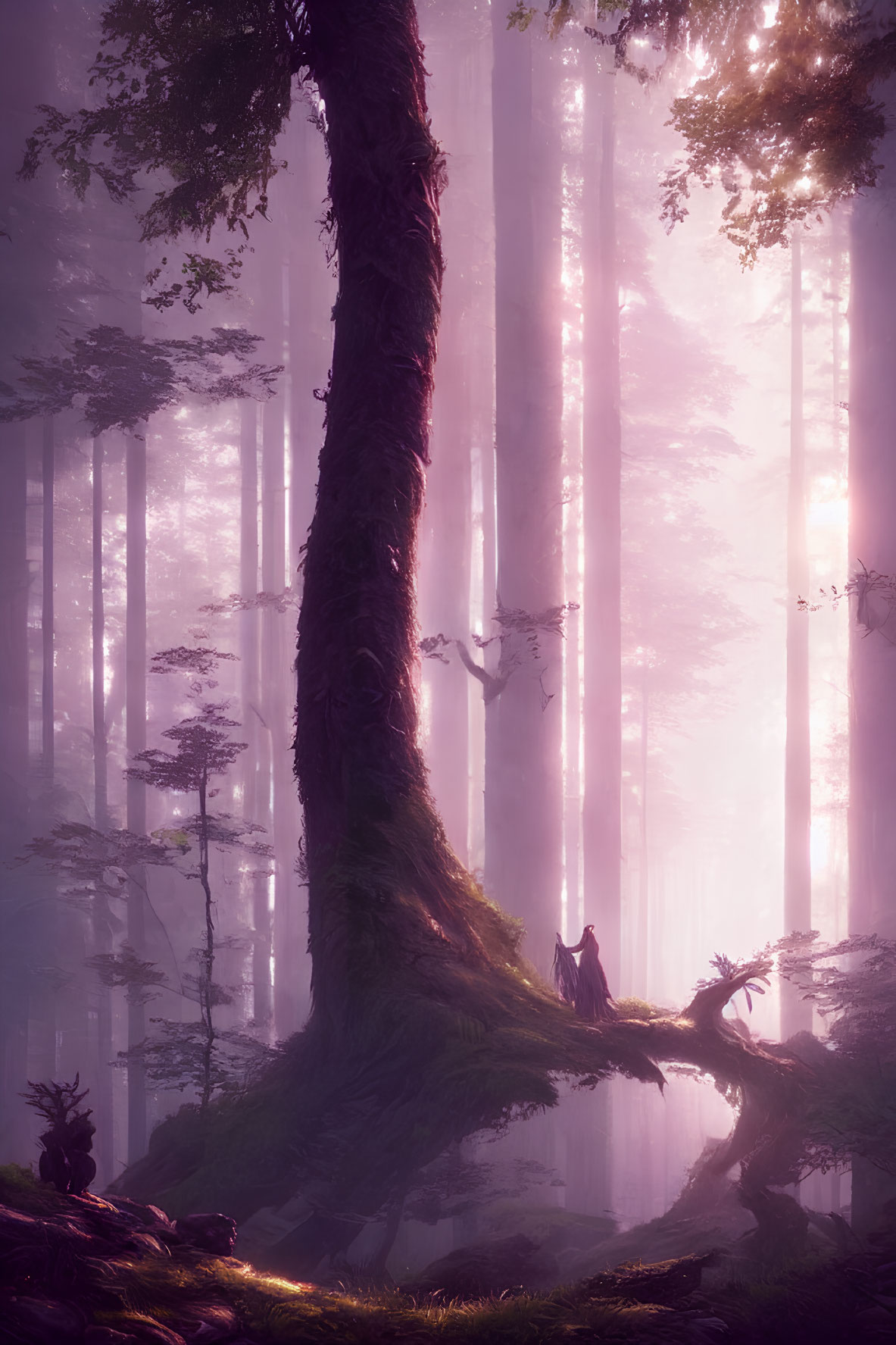 Mystical forest with tall trees and cloaked figure