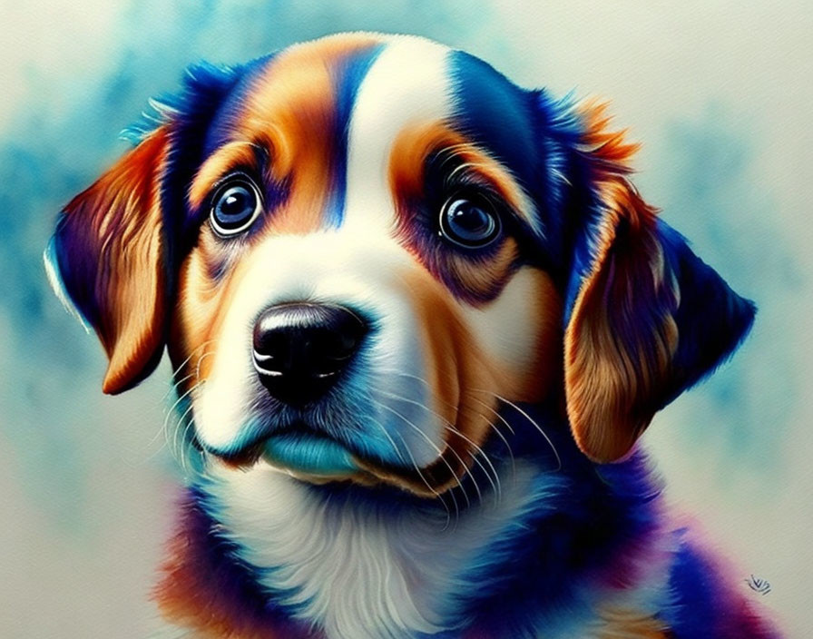 Multicolored Puppy Digital Painting with Expressive Brown Eyes