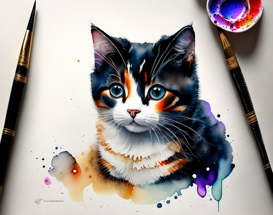 Colorful Watercolor Painting of Calico Cat with Blue Eyes