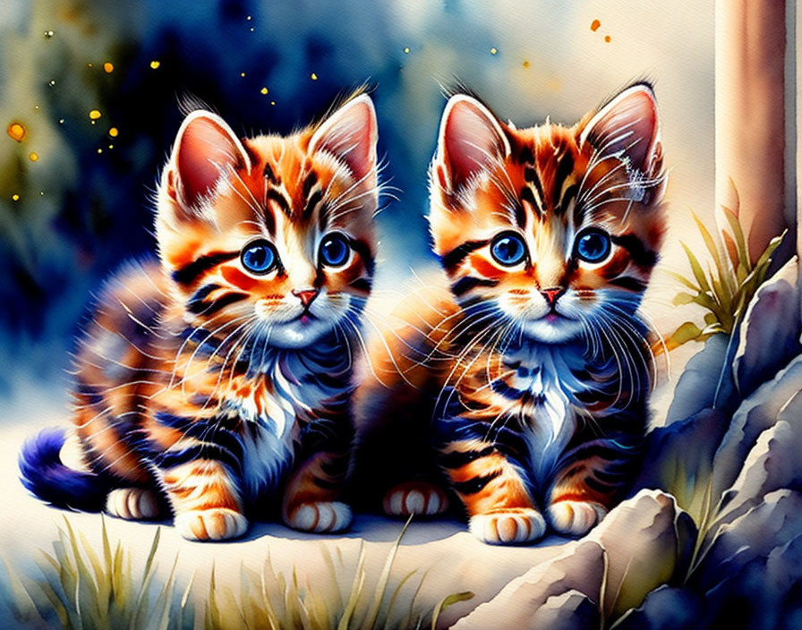 Illustrated Kittens with Blue Eyes and Orange Fur in Colorful Setting