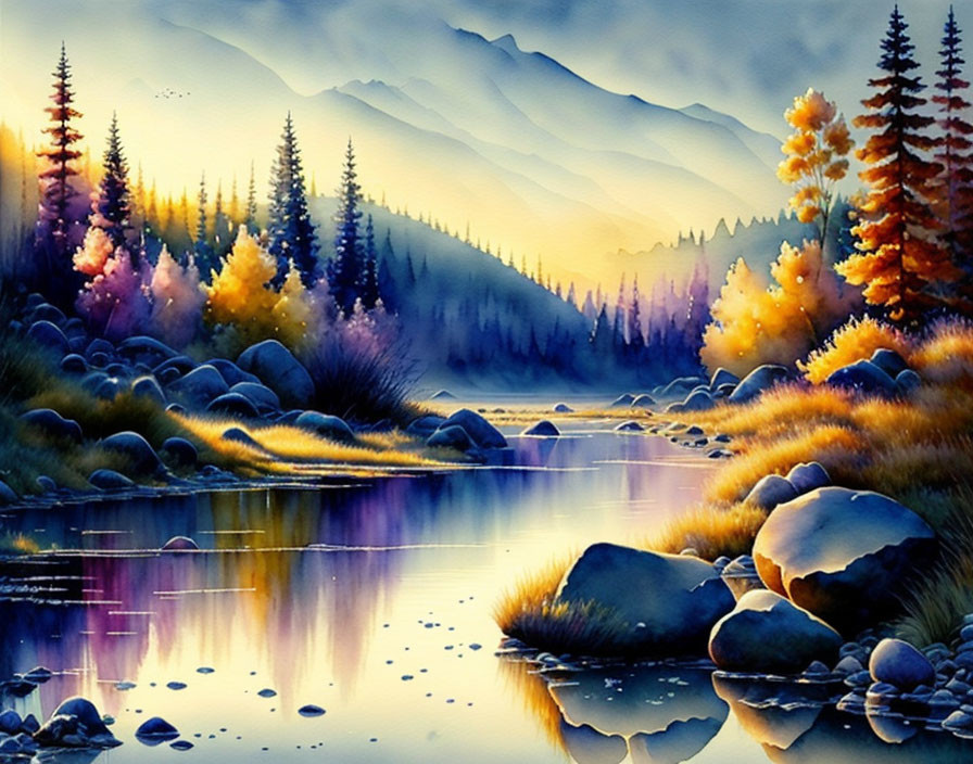 Colorful Watercolor Landscape: Serene River, Autumn Trees, Rocks, and Mountains