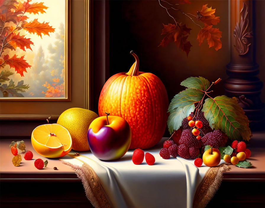 Vibrant fruits and autumn leaves in a still life painting.