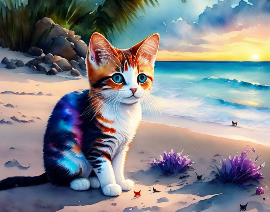 Colorful Illustrated Cat on Beach with Sunset Sky and Purple Flowers