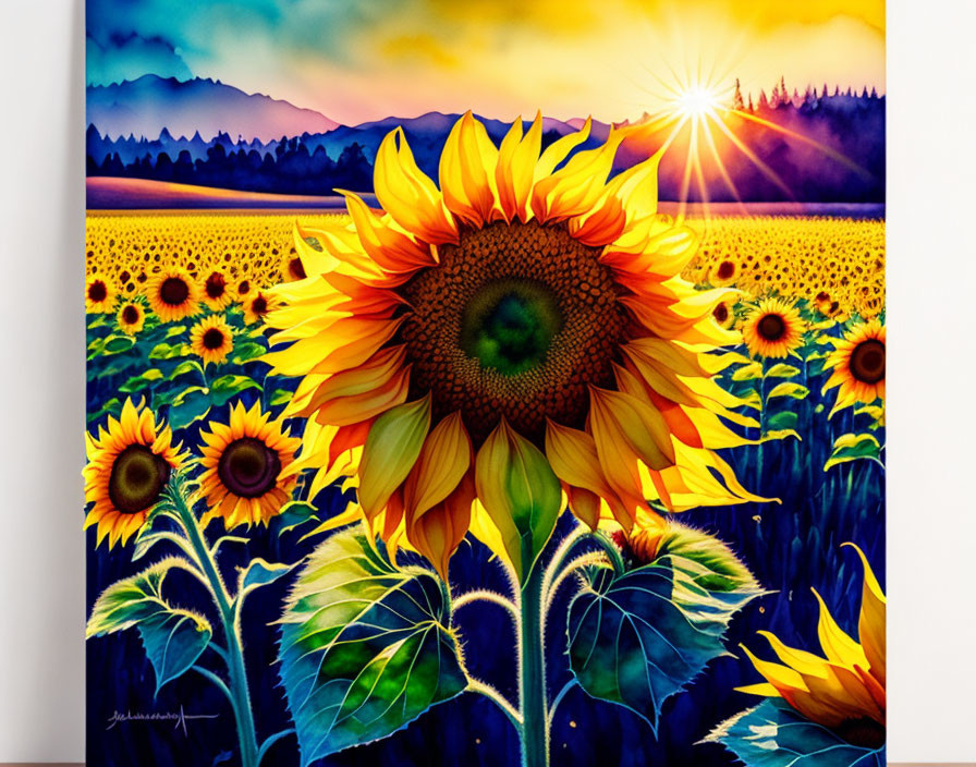 Sunflower field painting: vibrant sunrise scene with sun rays and mountains