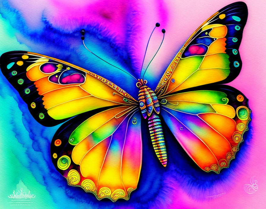 Colorful Butterfly Illustration with Rainbow Hues and Intricate Patterns