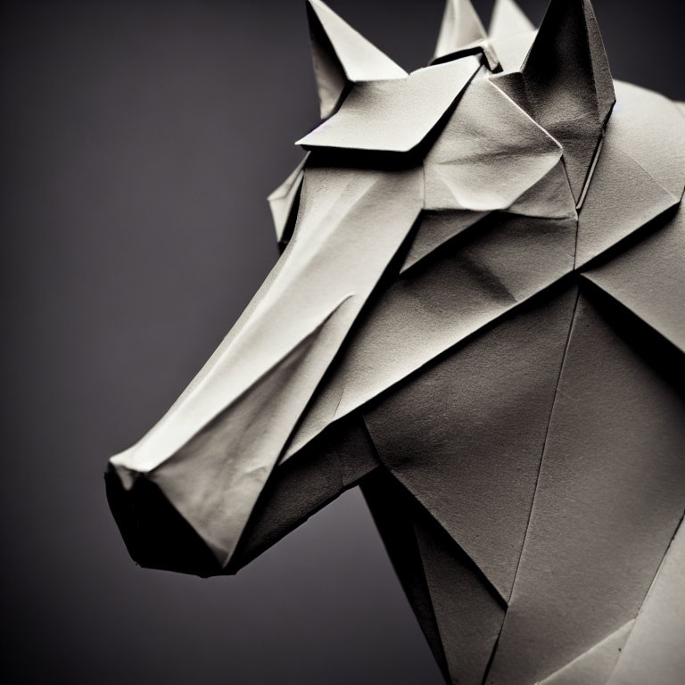 Geometric Origami Wolf Head on Blurred Background