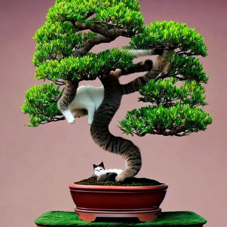 Two cats camouflaged in bonsai tree: one in pot, one in trunk.