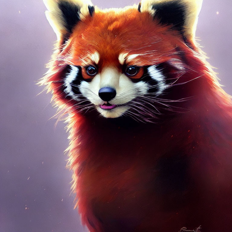 Detailed red panda illustration with expressive face and fur texture on purple background