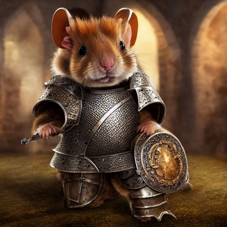 Miniature medieval knight hamster in detailed armor with sword and shield