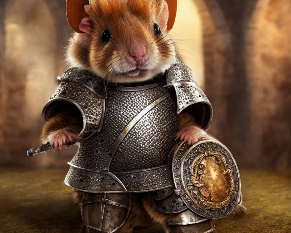 Miniature medieval knight hamster in detailed armor with sword and shield