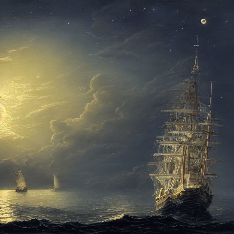 Majestic tall ship sailing at night under moonlit sky