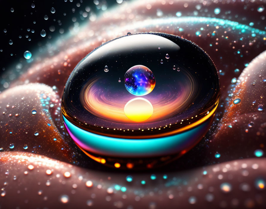 Vibrant iridescent sphere with smaller orb on multicolored backdrop