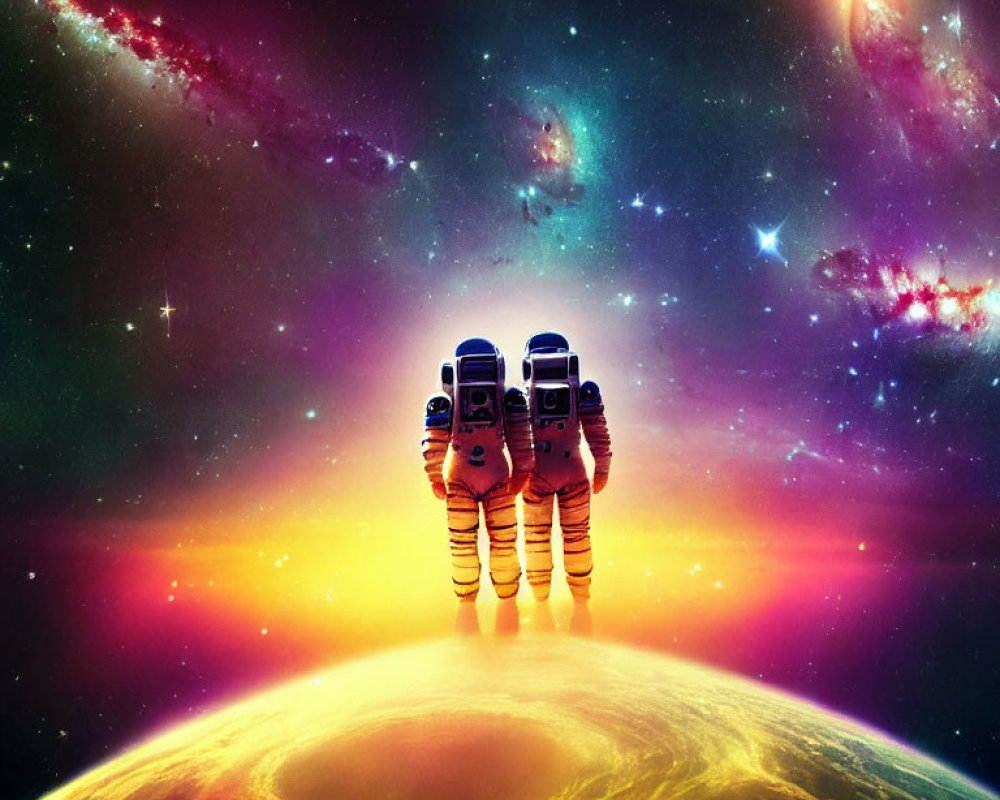 Three floating astronauts above vibrant planet and galaxy.