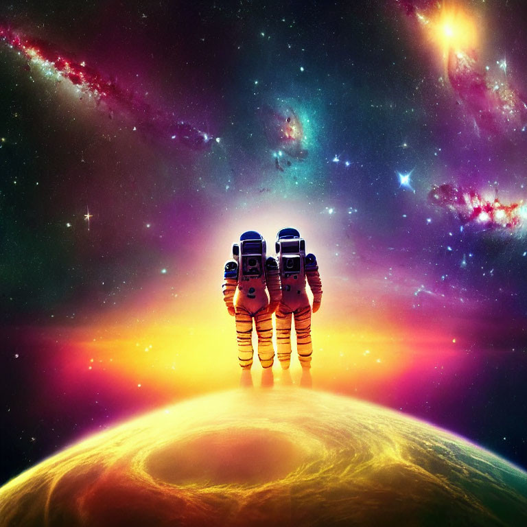 Three floating astronauts above vibrant planet and galaxy.