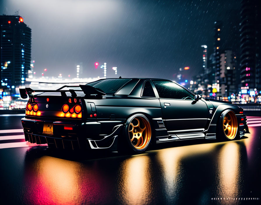 Wide Body Kit Sports Car with Gold Rims in Neon-Lit City Scene