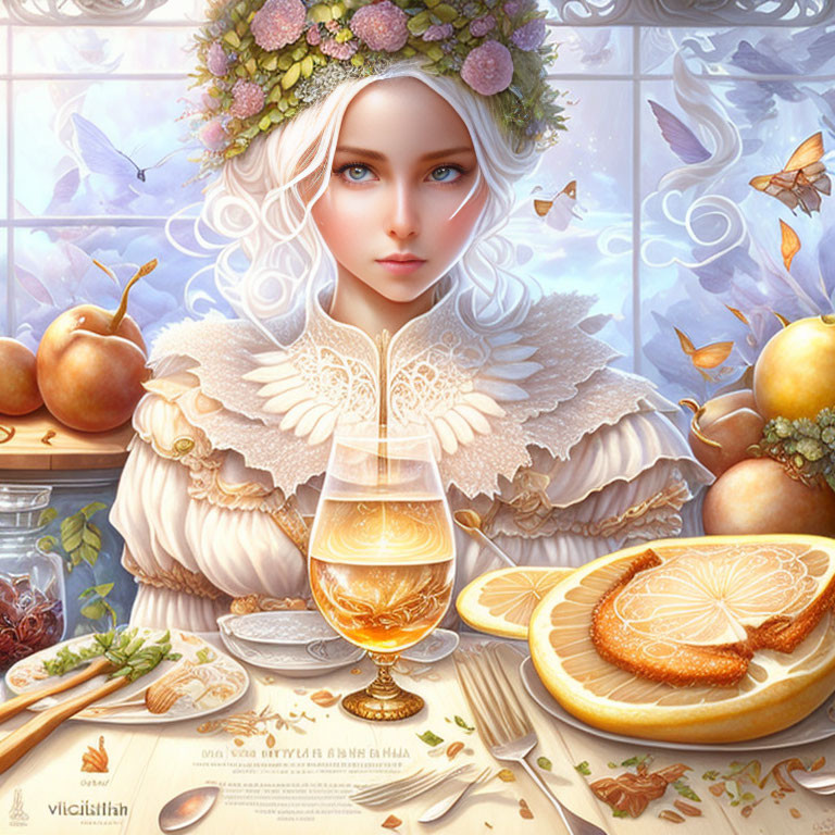 Fantasy illustration: Woman with floral crown, feast, butterflies, wine.