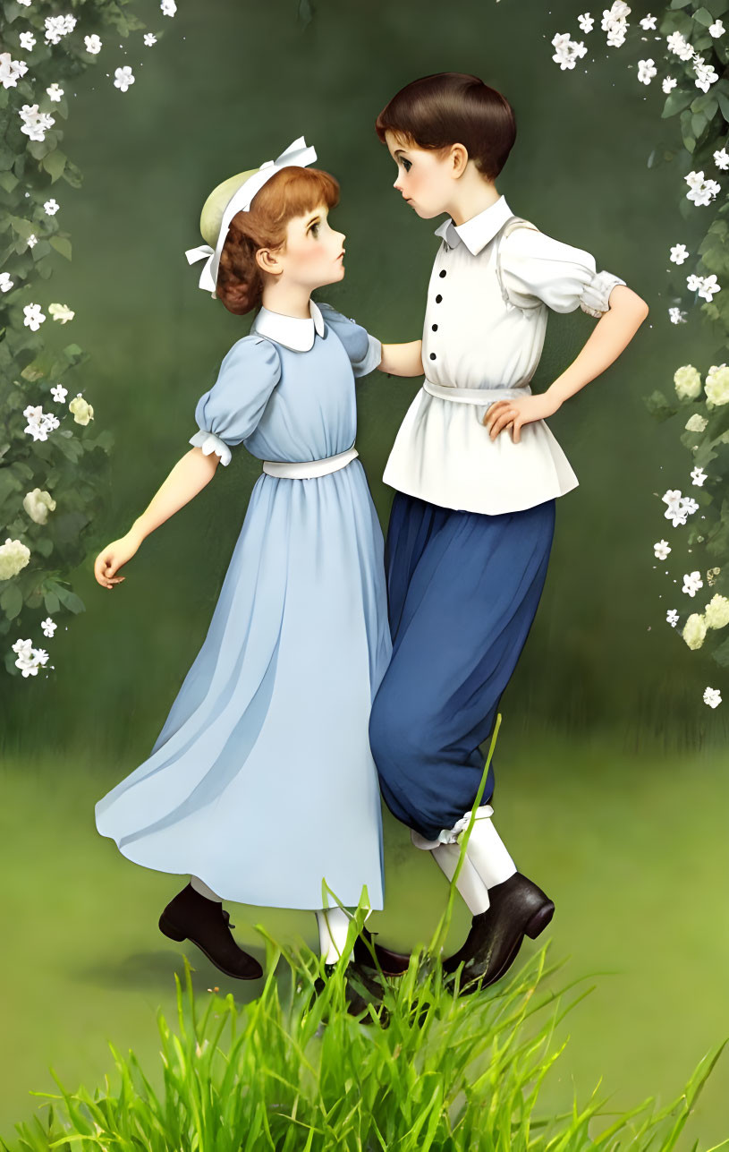 Children in blue dress and white shirt with navy pants gaze in nature setting