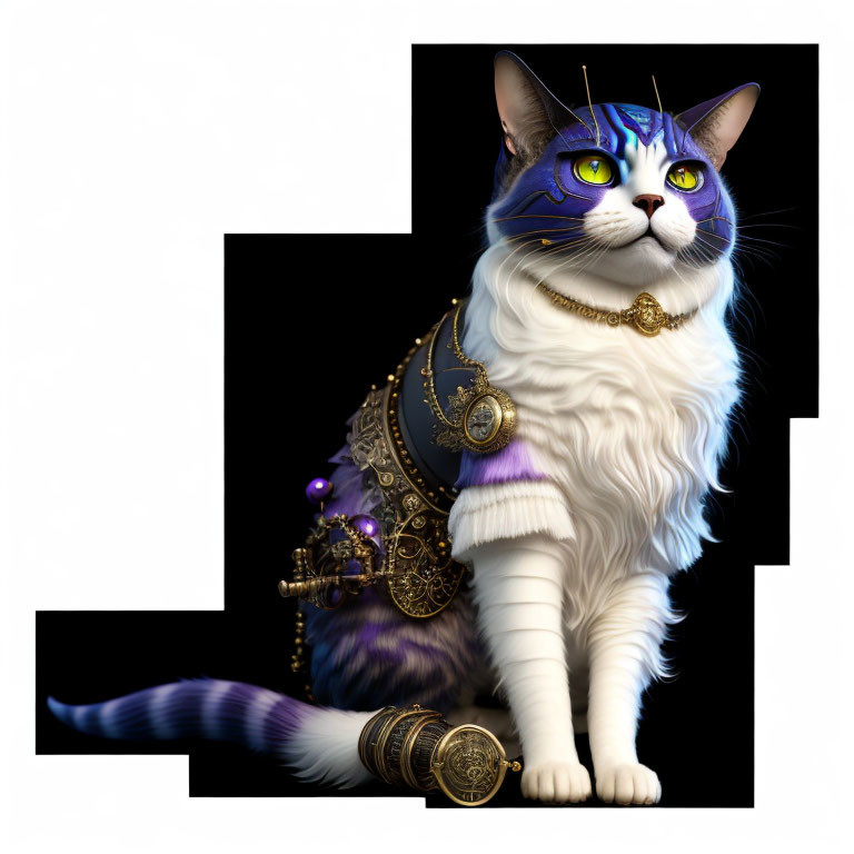 Majestic cat illustration with blue and purple face paint and regal gold accessories